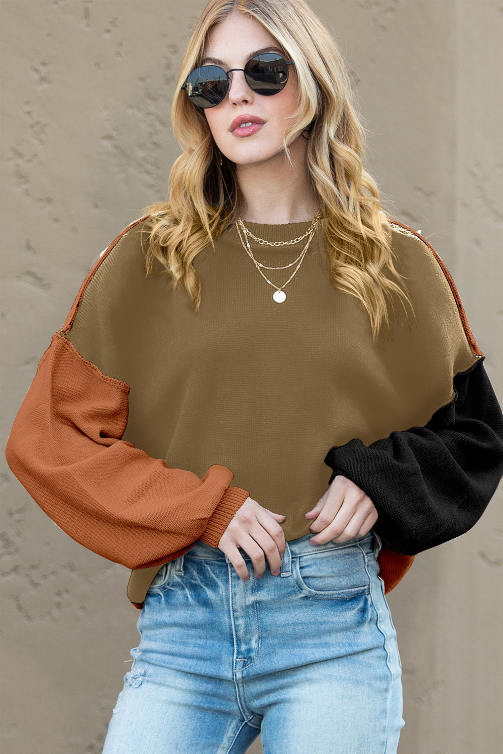Brown Colorblock Bishop Sleeve Exposed Seam Ribbed Trim Sweater