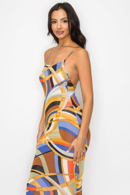 Marble Print Multicolor Crossed Back Midi Dress