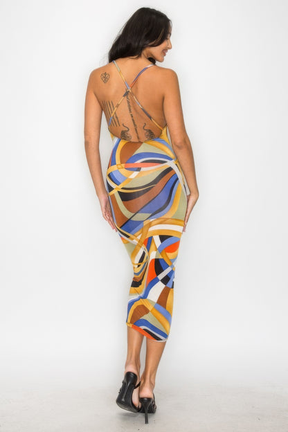 Marble Print Multicolor Crossed Back Midi Dress
