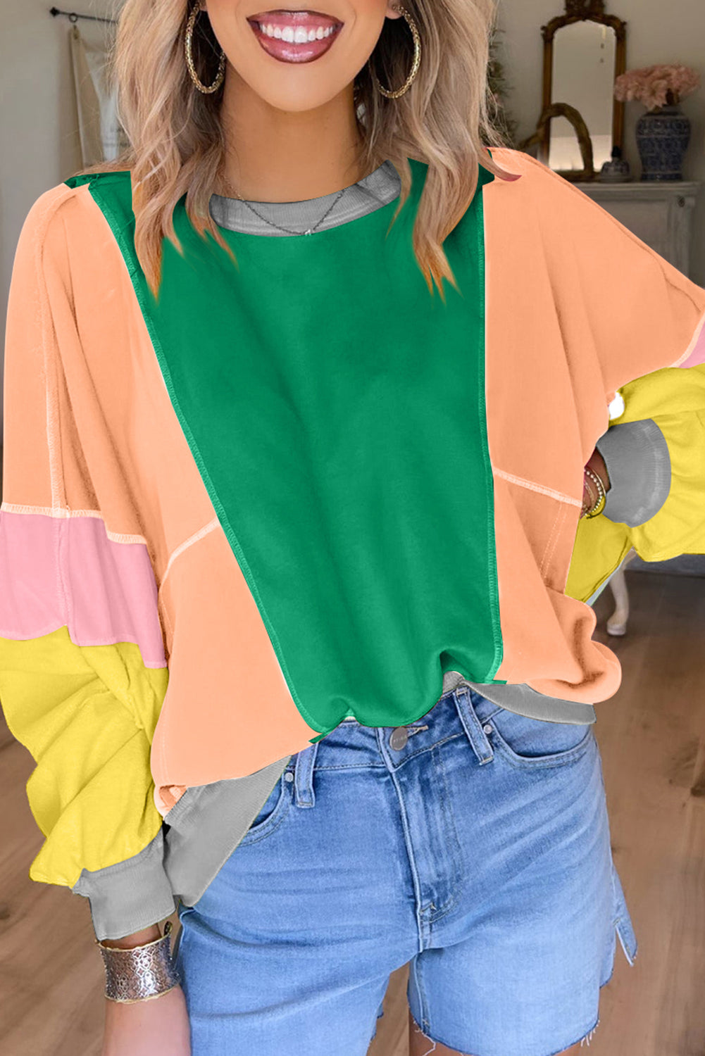 Dark Green Colorblock Patchwork Drop Shoulder Top