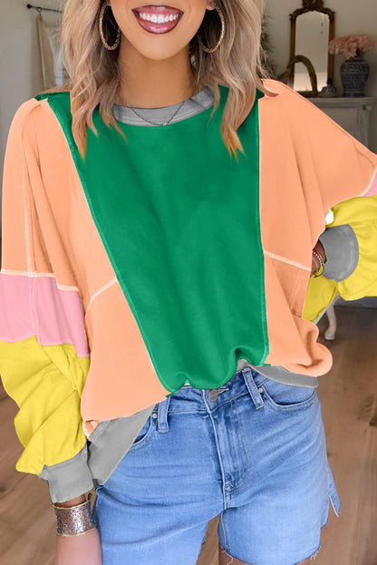 Dark Green Colorblock Patchwork Drop Shoulder Top