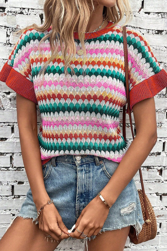 Fiery Red Color Block Strip Ruffle Sleeve Knit Top