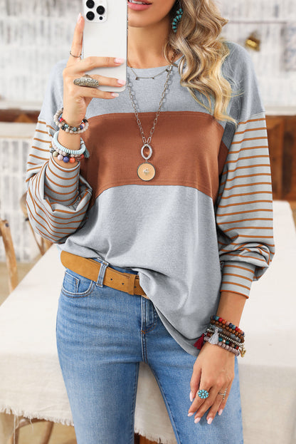 Gray Colorblock Striped Bishop Sleeve Side Slit Top