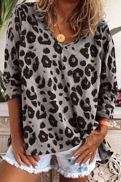 Gray Leopard V Neck Loose Long Sleeve Top