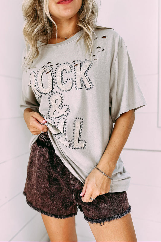 Gray Rock & Roll Graphic Ripped Oversized Tee