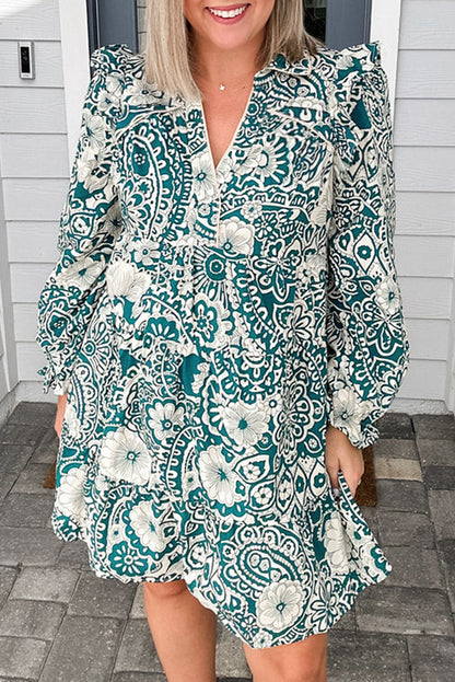 Green Boho Floral Puff Sleeve Split Neck Plus Size Dress