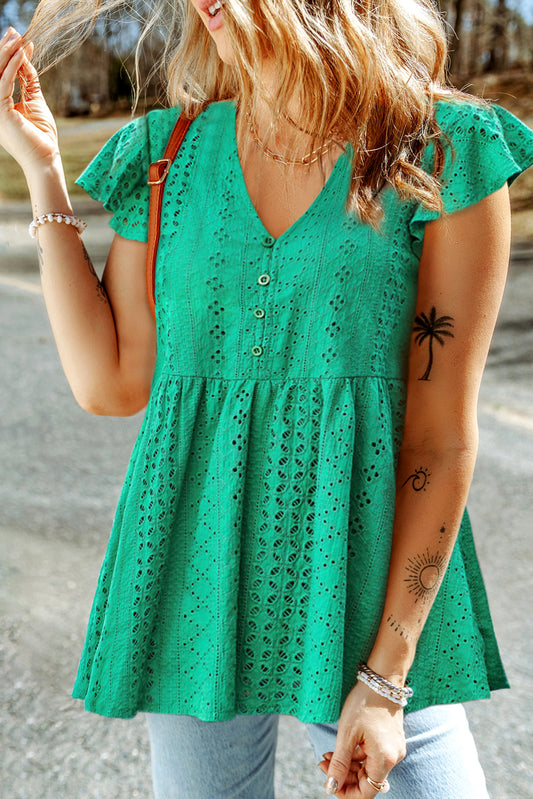 Green Hollow Out V Neck Petal Sleeve Button Babydoll Blouse