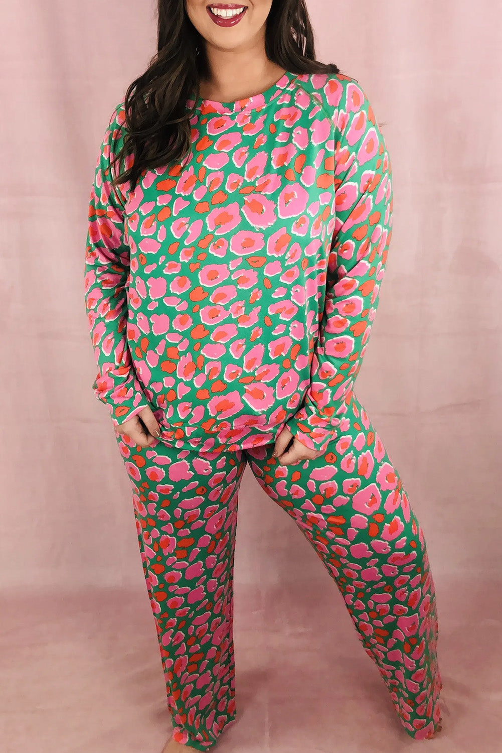 Green Plus Size Leopard Long Sleeve and Pants Loungewear Set