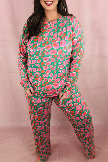 Green Plus Size Leopard Long Sleeve and Pants Loungewear Set