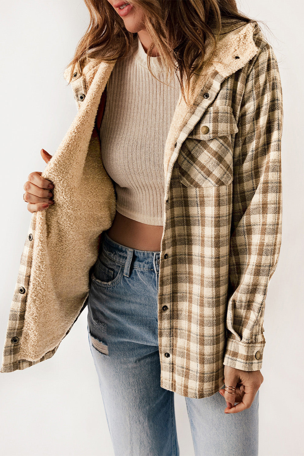 Blue Snap Button Sherpa Lined Hooded Flannel Jacket