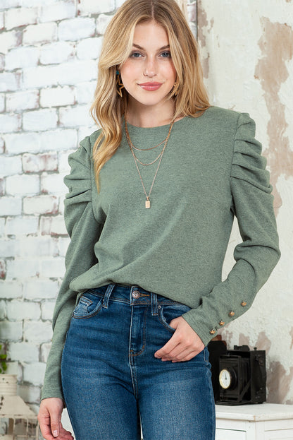 Gray Basic Buttoned Puff Long Sleeve Sheath Top