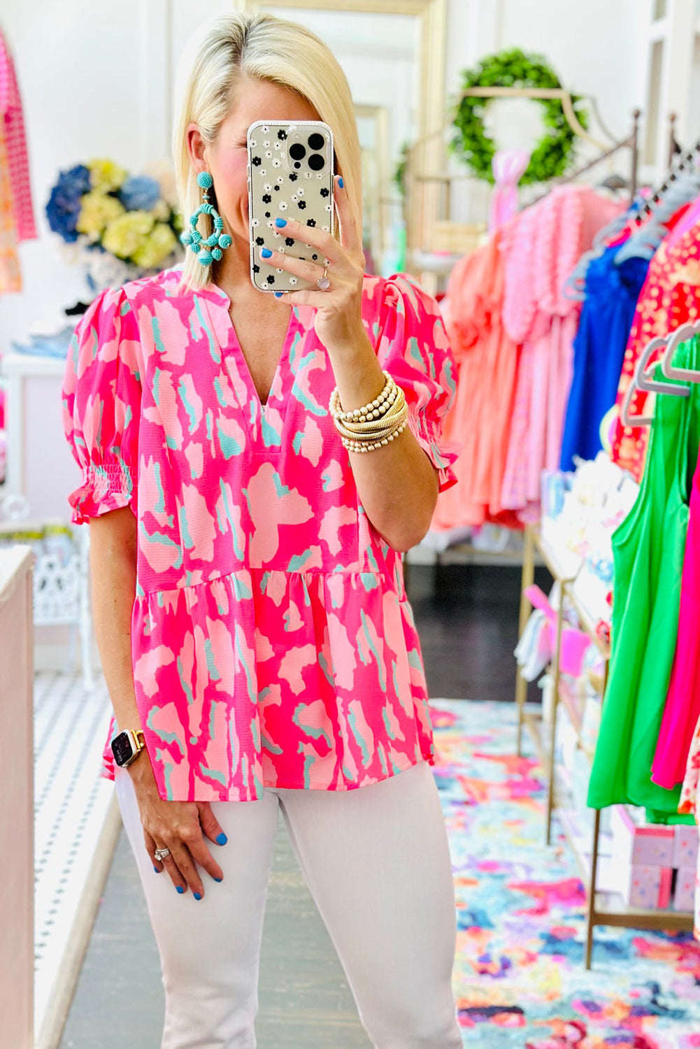 Rose Abstract Print Smock Puff Sleeve V Neck Blouse
