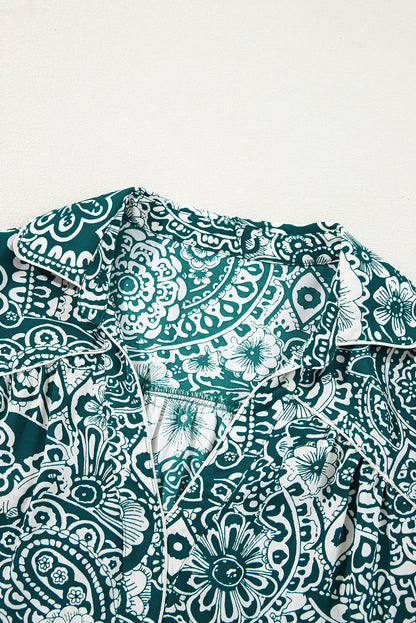 Green Boho Floral Puff Sleeve Split Neck Plus Size Dress