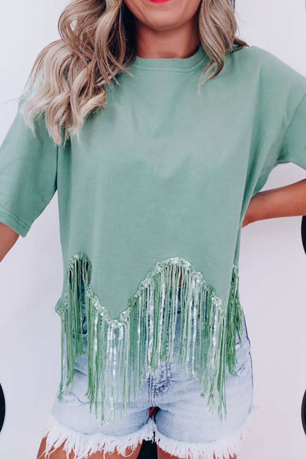 Pink Casual Fringe Sequin Hem Cropped T Shirt