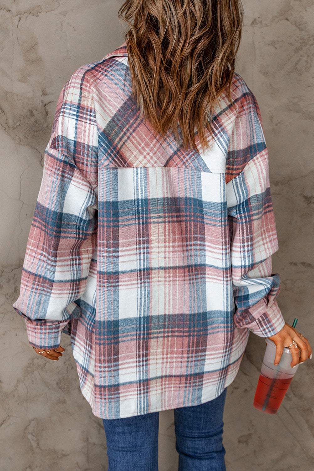 Pink and Grey Plaid Button Up Collar Flannel Shacket