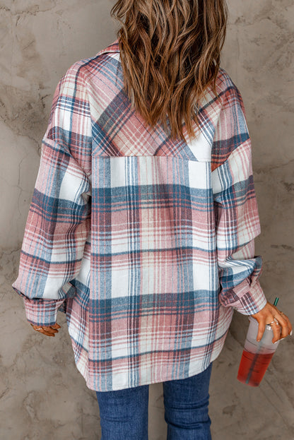 Pink and Grey Plaid Button Up Collar Flannel Shacket