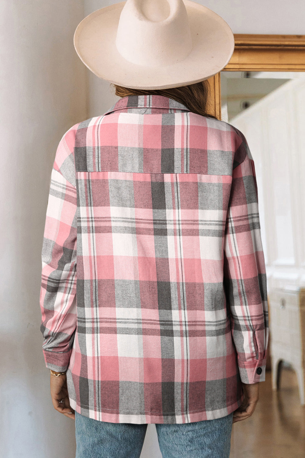 Pink Long Sleeve Collar Button Up Flannel Shacket
