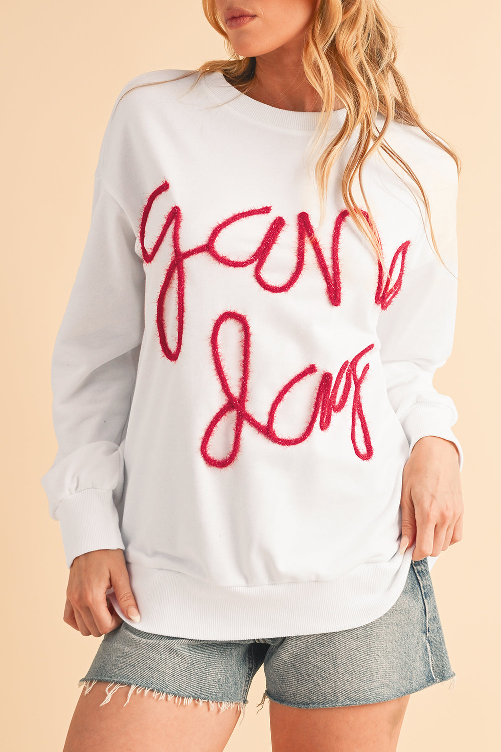 White Tinsel Game Day Drop Shoulder Sweatshirt