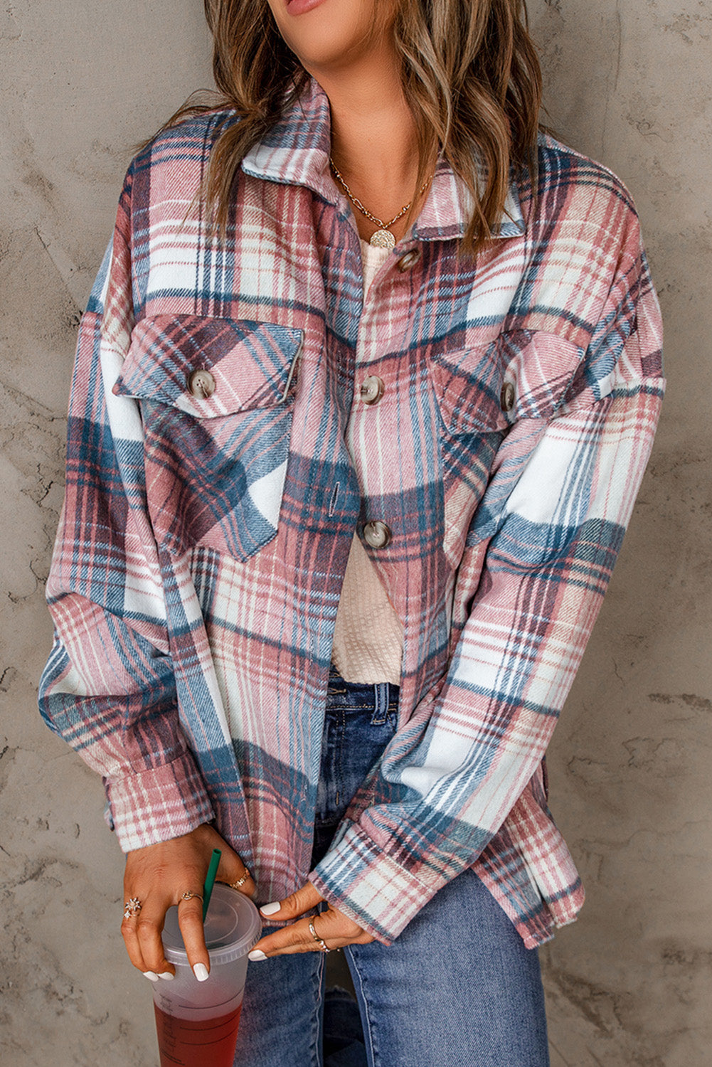 Pink and Grey Plaid Button Up Collar Flannel Shacket