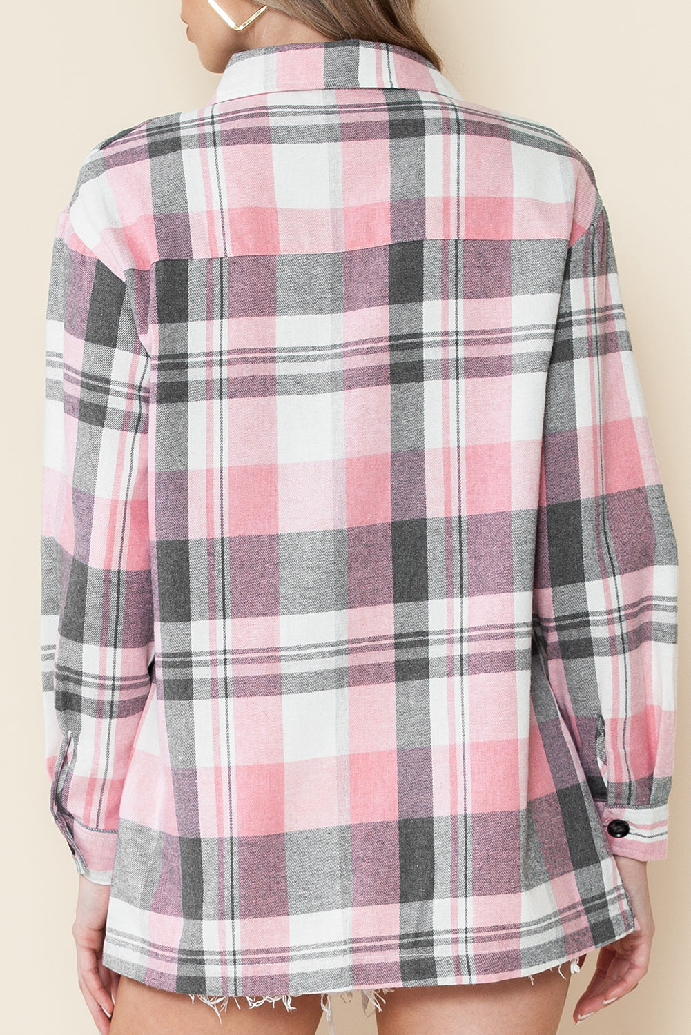 Pink Long Sleeve Collar Button Up Flannel Shacket