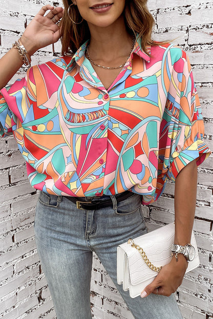 Multicolor Abstract Print Half Batwing Sleeve Loose Shirt
