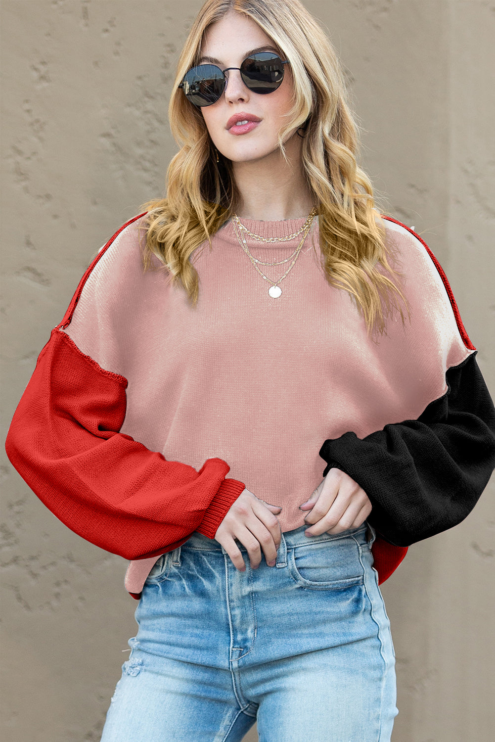 Brown Colorblock Bishop Sleeve Exposed Seam Ribbed Trim Sweater