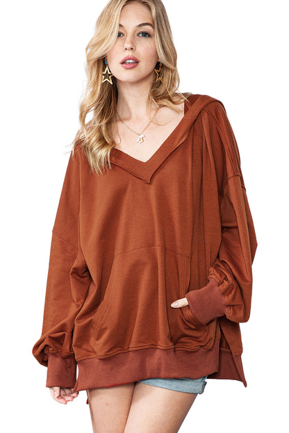 Chestnut Patchwork V-Neck Oversized Slit Hem Sweatshirt