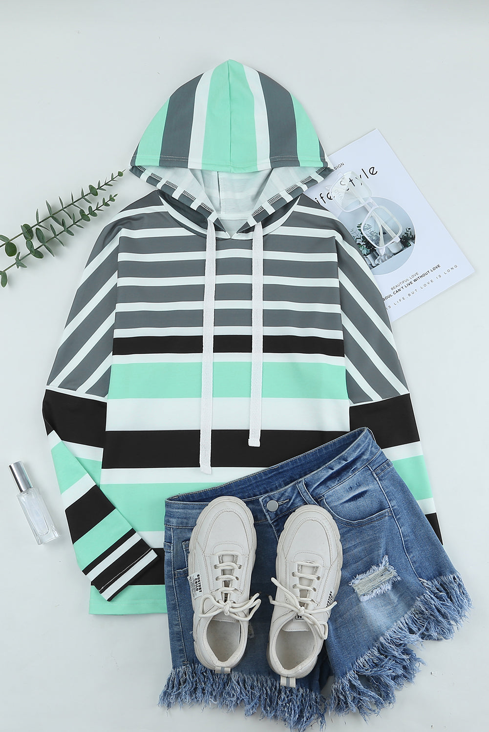 Blue Striped Color Block Drawstring Long Sleeve Hoodie