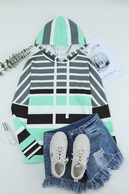 Blue Striped Color Block Drawstring Long Sleeve Hoodie