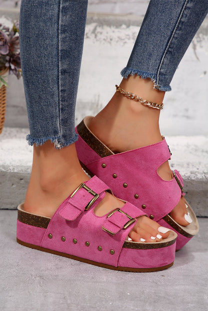 Chestnut Leopard Suede Dual Buckle Strap Platform Slides Shoes