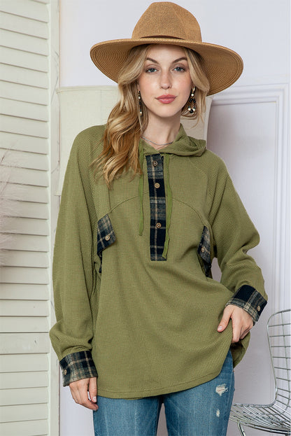 Green Waffle Knit and Flannel Henley Oversized Hoodie