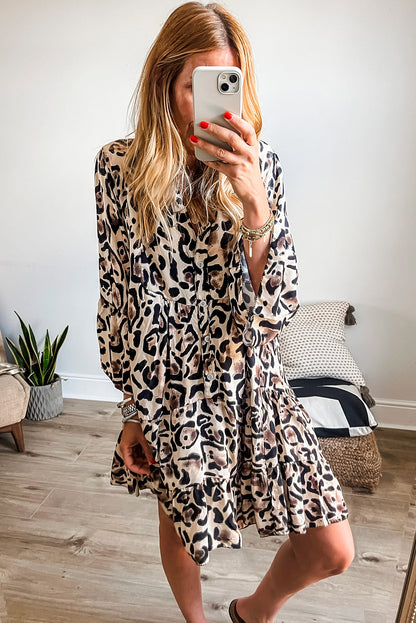 Rose Leopard Button V Neck Pocket Flowy Mini Dress