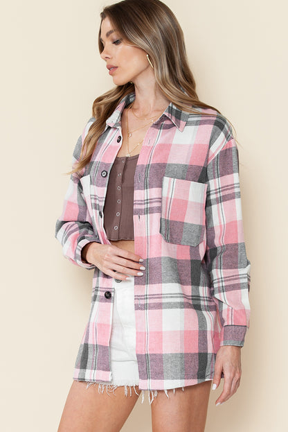 Pink Long Sleeve Collar Button Up Flannel Shacket