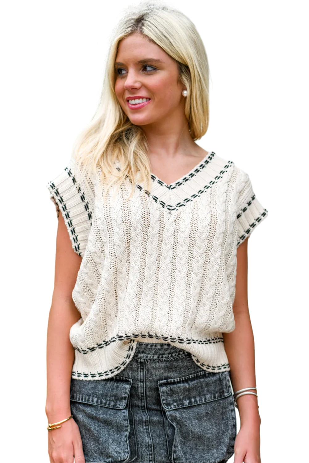 White Contrast Trim V Neck Cable Knit Cap Sleeve Shirt