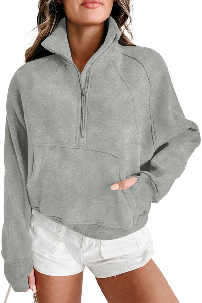 Brown Stand Collar Thumbhole Sleeve Sweatshirt