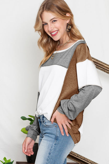 Khaki Color Block Exposed Seam Long Sleeve T Shirt