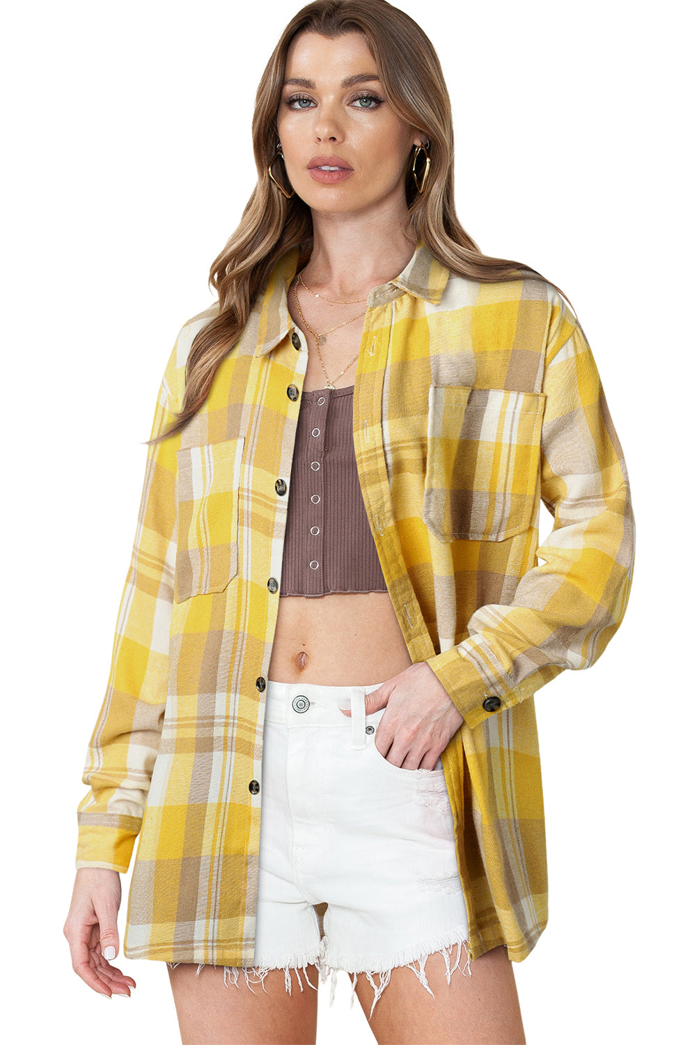 Pink Long Sleeve Collar Button Up Flannel Shacket