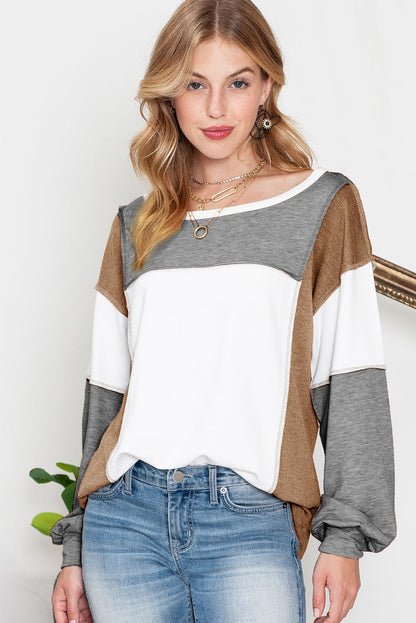 Khaki Color Block Exposed Seam Long Sleeve T Shirt