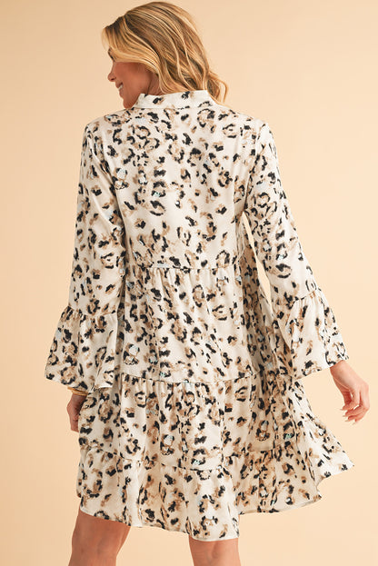 Rose Leopard Button V Neck Pocket Flowy Mini Dress