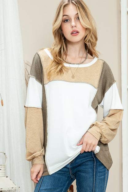 Khaki Color Block Exposed Seam Long Sleeve T Shirt