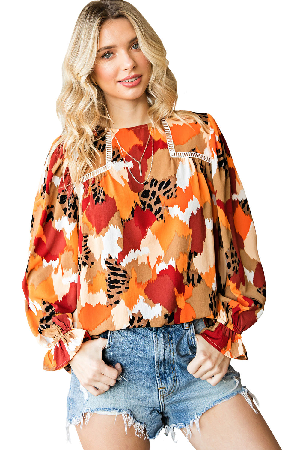 Multicolor Abstract Print Ruffle Puff Sleeve Blouse