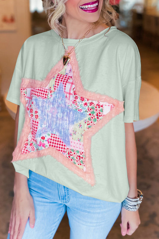 Mist Green Vibrant Star Patchwork Loose T-shirt