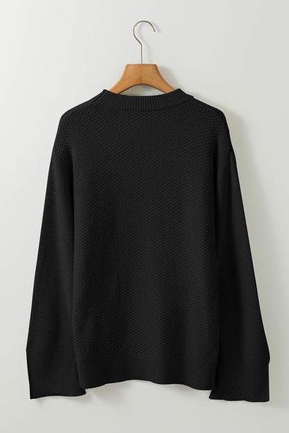 Gray Textured Knit Split Cuff Drop Shoulder Loose Sweater