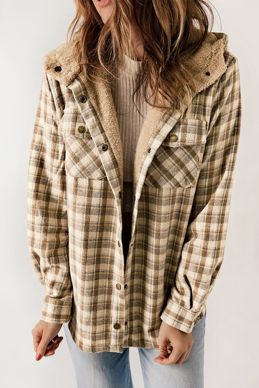 Blue Snap Button Sherpa Lined Hooded Flannel Jacket