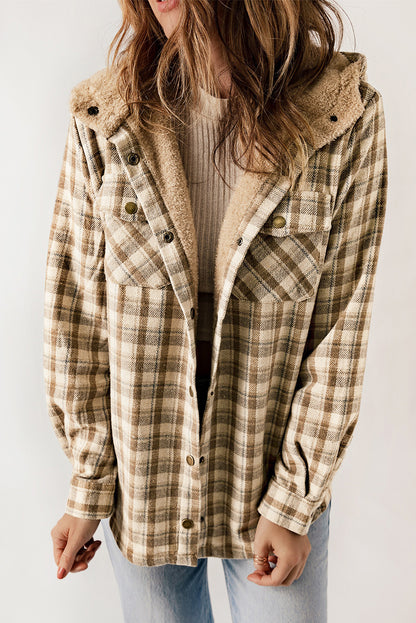 Blue Snap Button Sherpa Lined Hooded Flannel Jacket