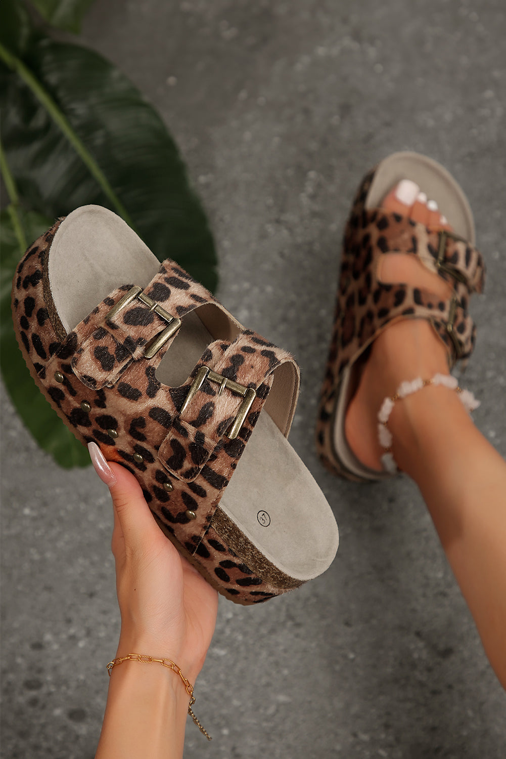 Chestnut Leopard Suede Dual Buckle Strap Platform Slides Shoes