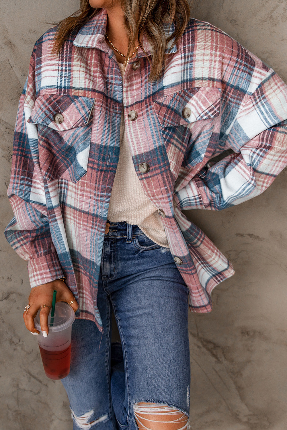 Pink and Grey Plaid Button Up Collar Flannel Shacket