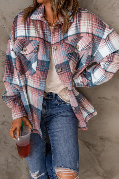 Pink and Grey Plaid Button Up Collar Flannel Shacket