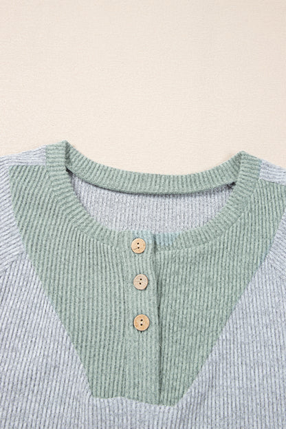 Jet Stream Contrast Ribbed Loose Fit Henley Top