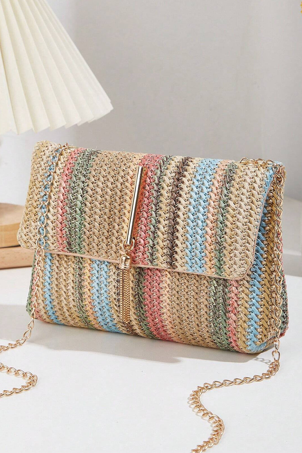 Camel Woven Striped Flapped Single Shoulder Bag